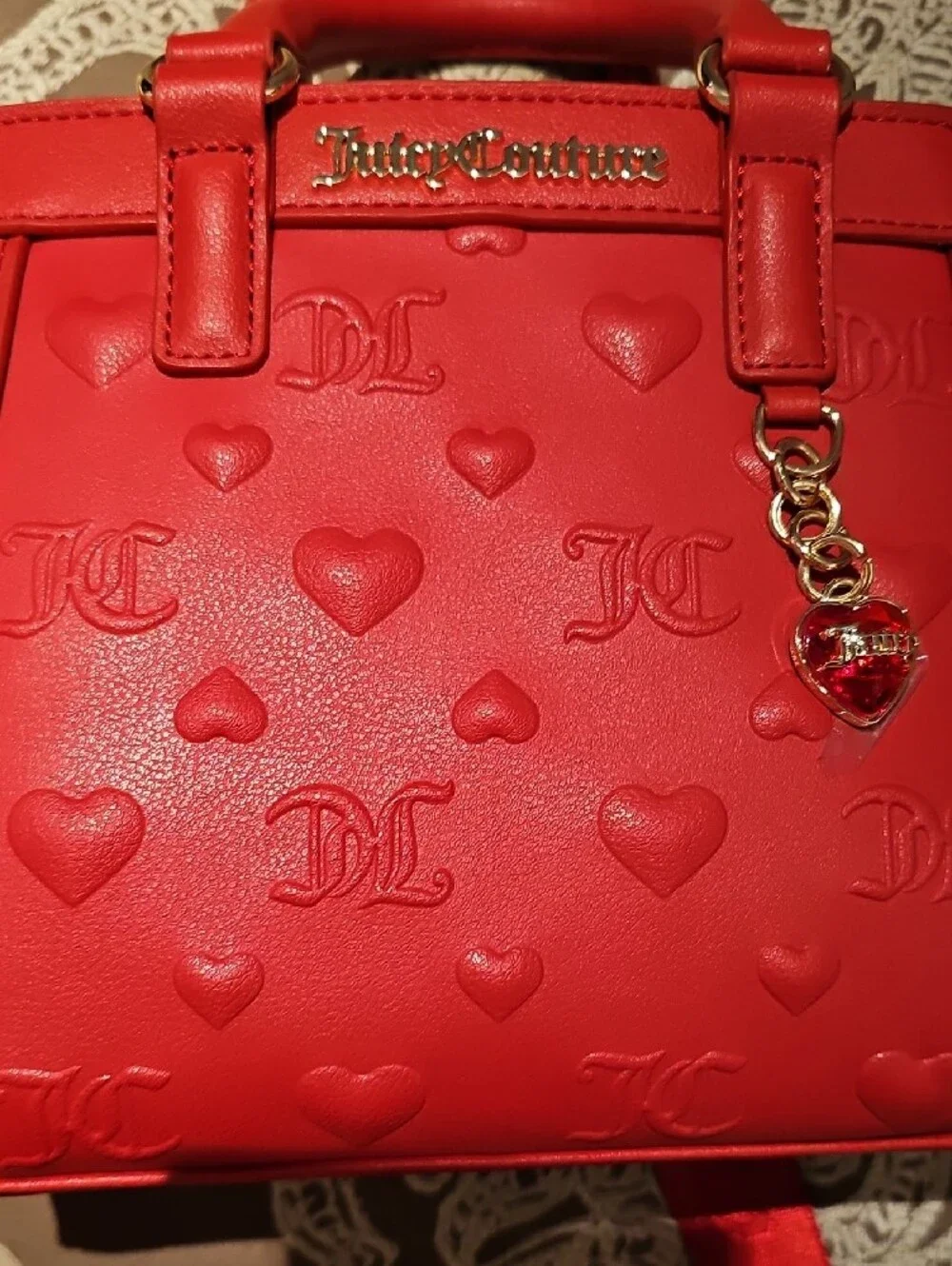 Juicy Couture Red Embossed Heart Satchel with Gold Charm